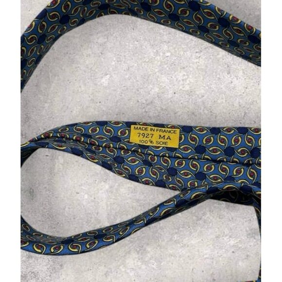 HERMÈS 7927 MA Silk Tie FRANCE Blue Navy Yellow Geometric Polka Dot W:3.4" EUC - Picture 3 of 6
